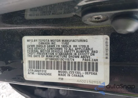 2003 Toyota Corolla S from USA, damaged, VIN 2T1BR32E13C115774